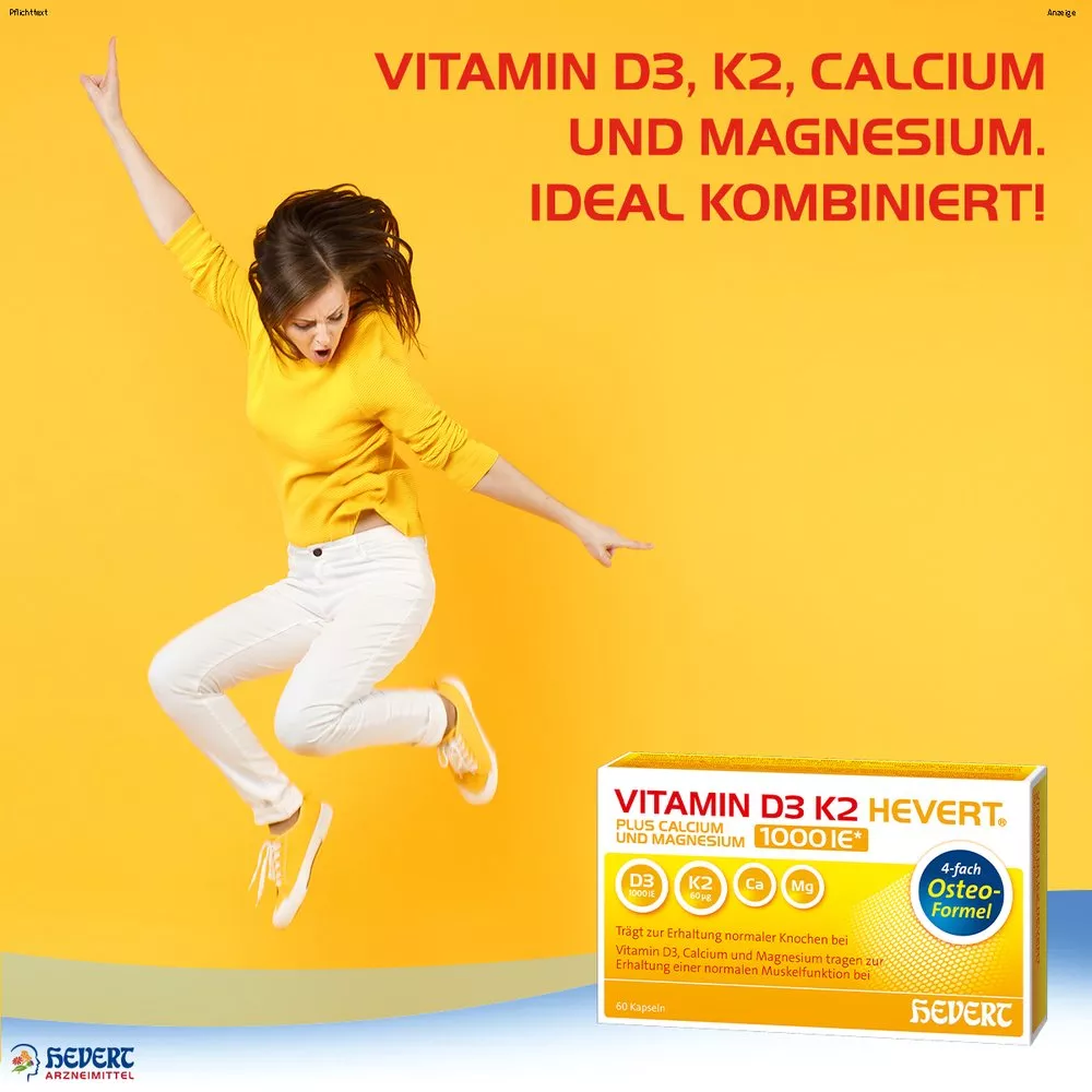 Vitamin D3 K2 Hevert plus Calcium und Magnesium 1000 IE 60 Kapseln